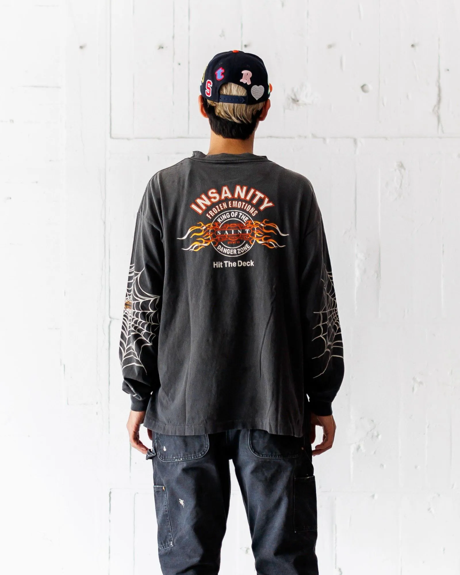 SAINT Mxxxxxx × TEFLON DISCO ML_LS TEE/INSANITY/BLK Spider Web INSANITY Distressed Long Sleeves Washed Black S-XL Ready-to-wear Assute dyeing Maliu water spray fading treatment Customized TEFLON DISCO co-branded accessories Hand-splashed ink Wormhole fraying treatment Authentic level printing process